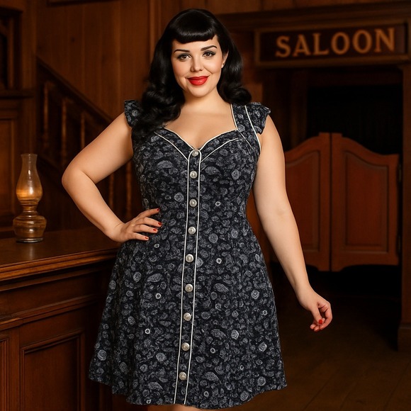 Hell Bunny Vixen Black Bandana Skull Print Button Front Dress – Women's Size XL - Picture 1 of 10